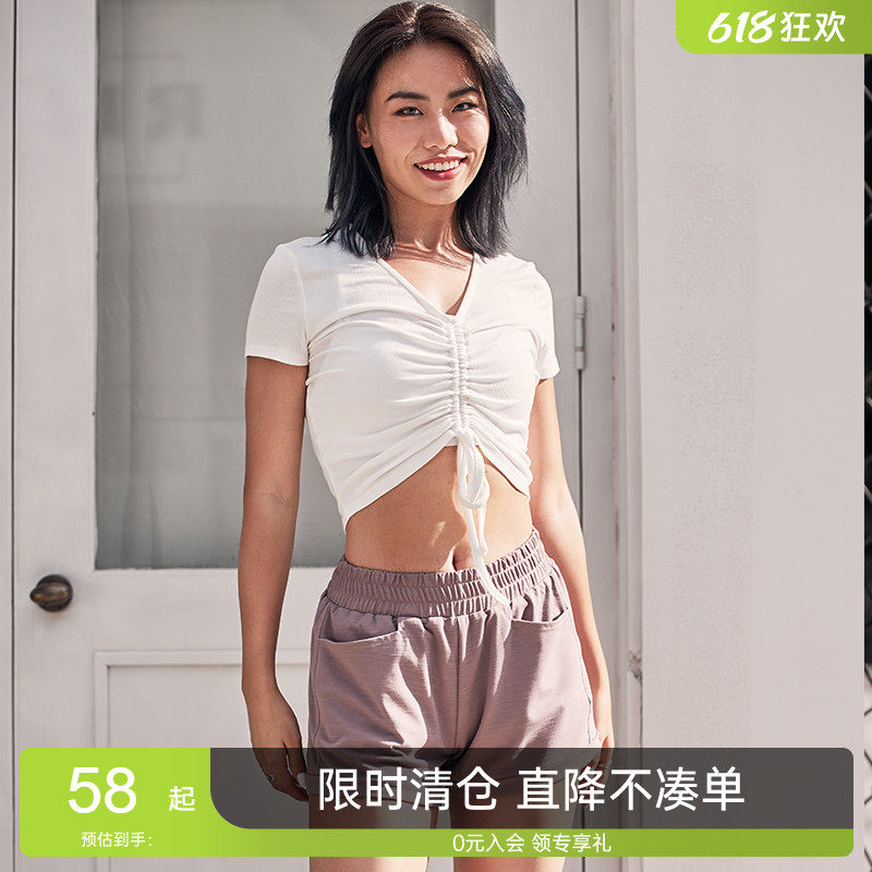 【限时特价】抽褶罗纹短袖女子ins网红胸口抽绳运动瑜伽舒适T恤