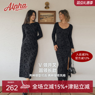 AlphaGym千金风立体黑玫瑰植绒印花连衣裙秋冬季 裙 船领保暖长袖