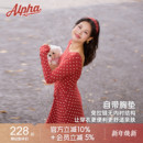 复古红色带胸垫连衣裙秋收腰长袖 法式 运动裙 肉肉消失术波点裙