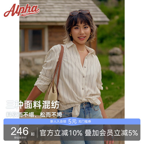 AlphaGym条纹棉麻衬衫女夏宽松翻领老钱风透气舒适衬衣外搭开衫女