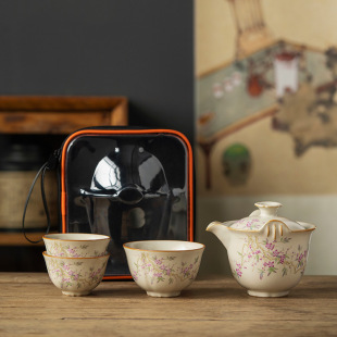 汝窑旅行茶具套装 备便携茶具收纳包 快客杯一壶二杯陶瓷户外喝茶装