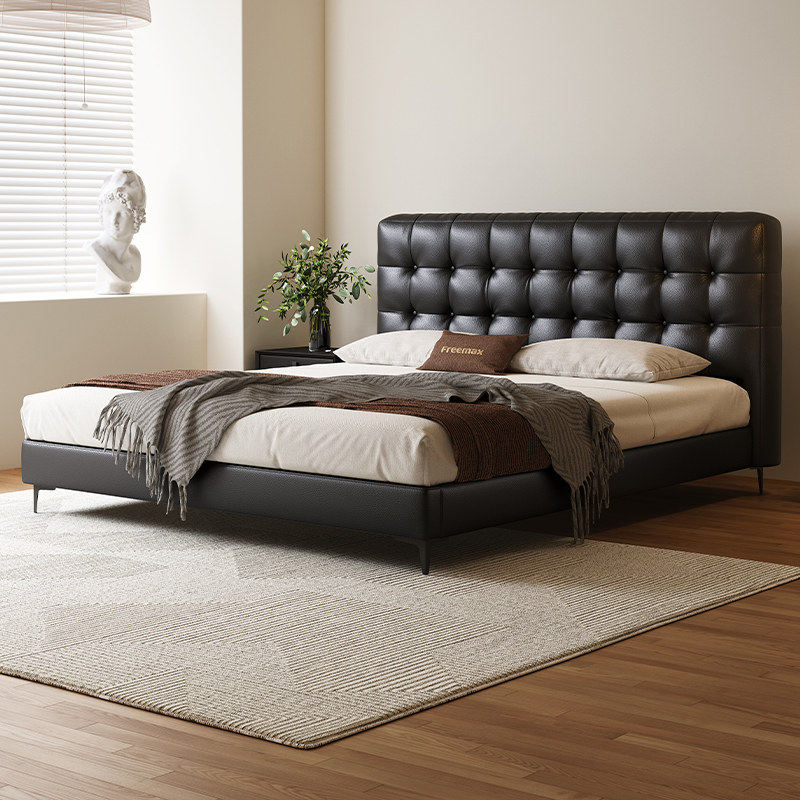 华夫格真皮床主卧高端大气抽屉式储物床现代简约黑色双人床婚床