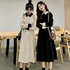 Spring new pattern Korean Edition chic Retro temperament Paige Mid length version Solid Long sleeve Dress longuette lady skirt