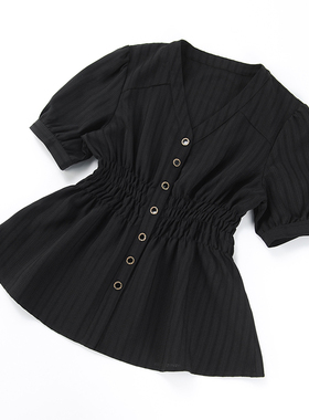 酒窝桃子大码收腰打缆衬衫显瘦遮肉短袖V领肌理感压皱A摆夏季透气