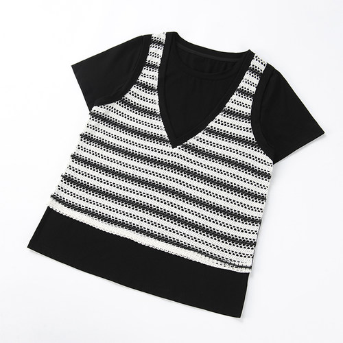 酒窝桃子大码条纹针织假两件T恤短袖遮肉显瘦拼接轻柔薄透夏季