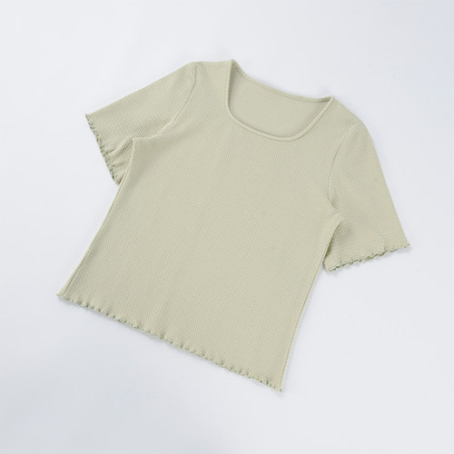 酒窝桃子大码浮雕肌理纹方领T恤木耳边显瘦遮肉短袖透气速干夏季