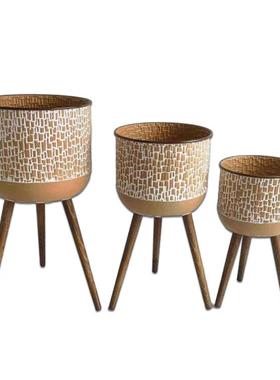 美式装饰花盆铁艺花架花店客厅花盆绿罗架三角铁皮花桶摆饰