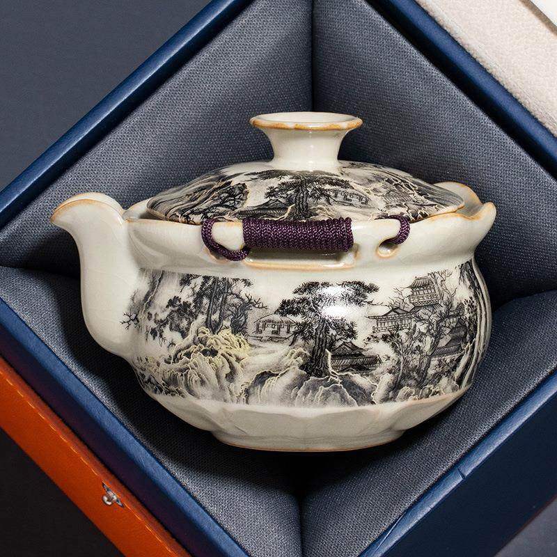 汝窑水墨山水盖碗茶杯家用防烫手手抓壶陶瓷功夫茶具泡茶壶,餐饮具,茶壶,淘宝优惠券,粉丝福利购,淘宝优惠卷