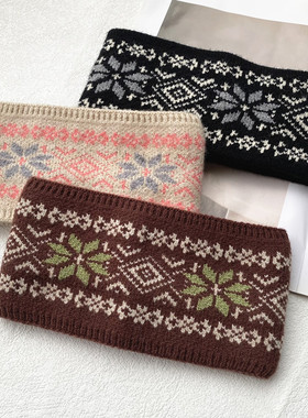 秦岚同款法式复古时尚提花针织民族风毛线发带冬保暖宽边防风头带