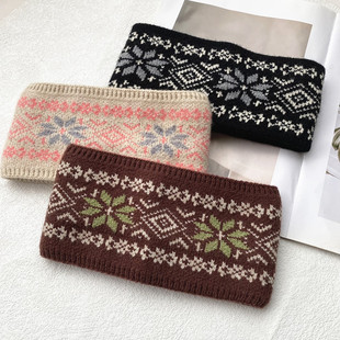 秦岚同款法式复古时尚提花针织民族风毛线发带冬保暖宽边防风头带