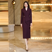 酒红色正式 场合裙子女2025春秋轻奢高级感假两件一步裙高级感长裙