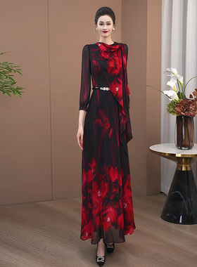 黑色雪纺2026初夏巨好看连衣裙女新款长袖收腰显瘦超长大摆裙174