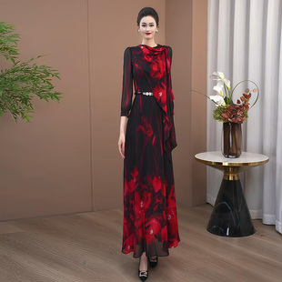 黑色雪纺2026初夏巨好看连衣裙女新款长袖收腰显瘦超长大摆裙174