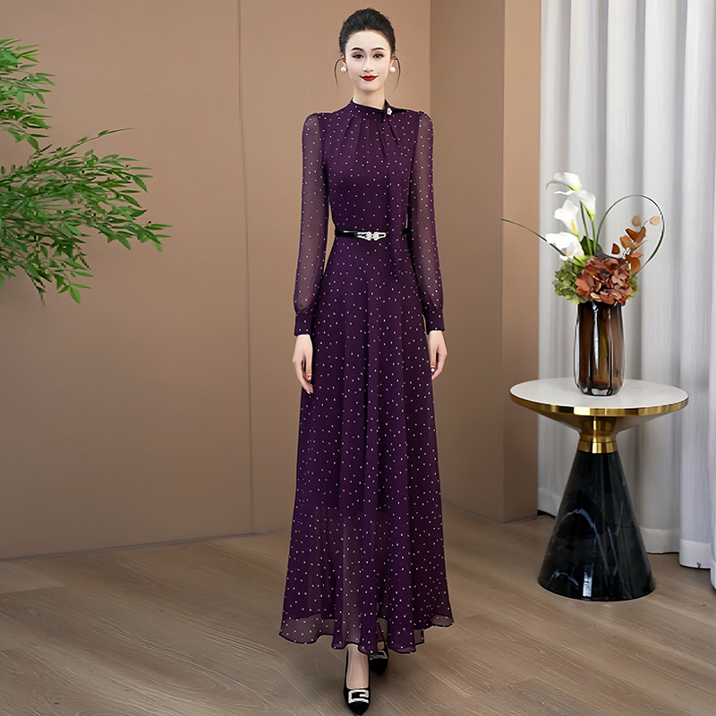 紫色波点雪纺时尚法式连衣裙女2026春夏新款优雅轻奢气质长裙168