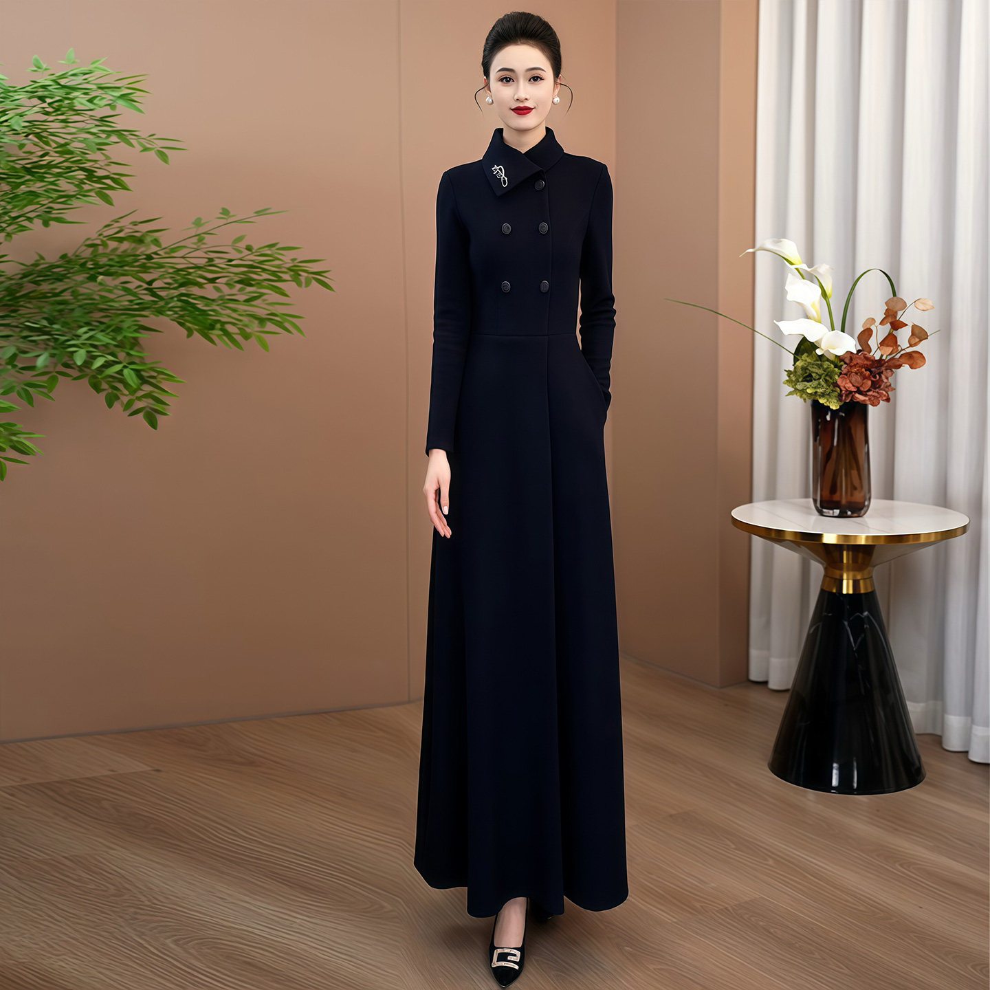 藏蓝色秋冬加厚连衣裙2025年新款轻奢高级感超好看的显瘦气质长裙