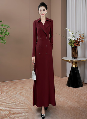 西装领酒红色连衣裙女2025春秋新款高级感气质显瘦端庄超长裙0187