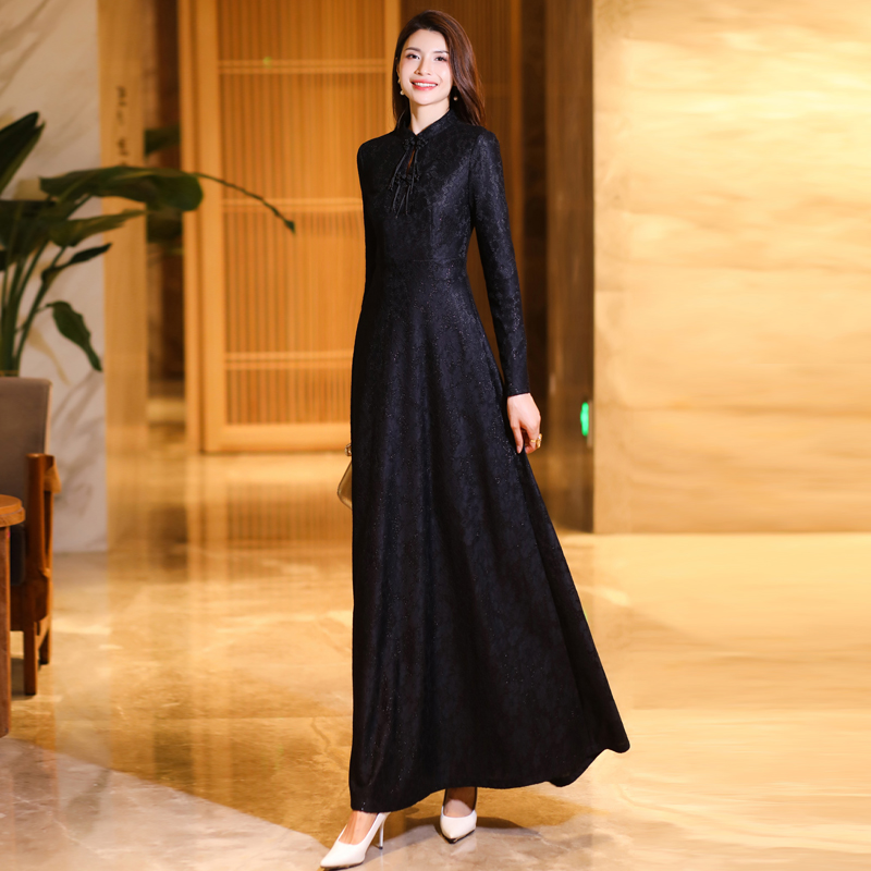 新中式黑色加绒加厚收腰冬连衣裙