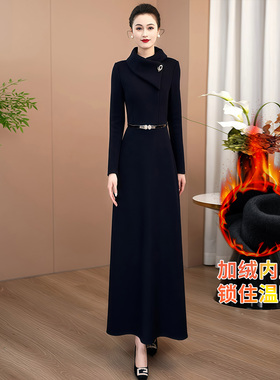 藏蓝色冬季加厚加绒连衣裙2025年新款流行巨好看的高级感显瘦长裙