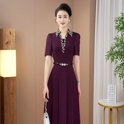拉佰缇显瘦撞色紫色连衣裙女显瘦