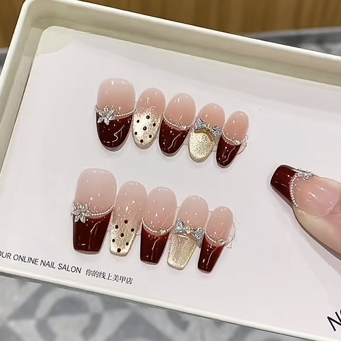 纯手工光疗穿戴甲红昭愿成品重复使用美甲贴片可拆