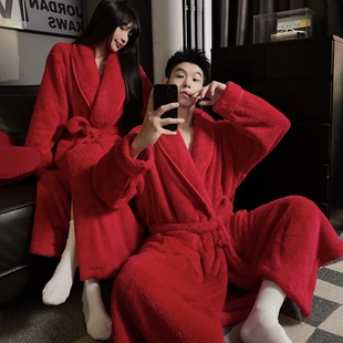 加长款大红本命年情侣睡袍男珊瑚绒加厚保暖特大码300斤系带睡衣