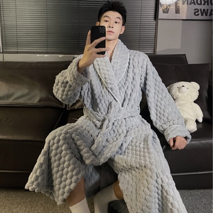 长款 300斤睡衣家居服 珊瑚绒睡袍男加厚保暖女系带浴袍加肥特大码