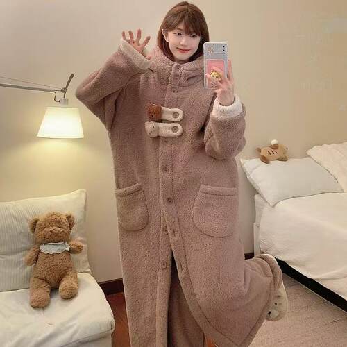 秋冬珊瑚绒加肥加大码女睡袍套装