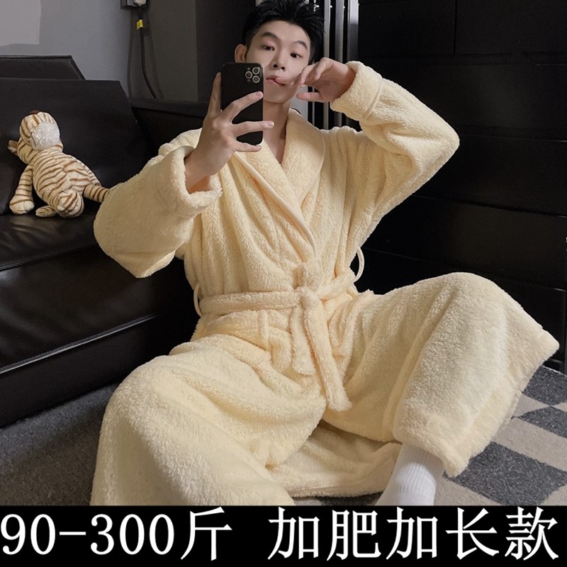 特大码300斤长款珊瑚绒睡袍男冬加肥加大码胖mm情侣浴袍系带睡衣