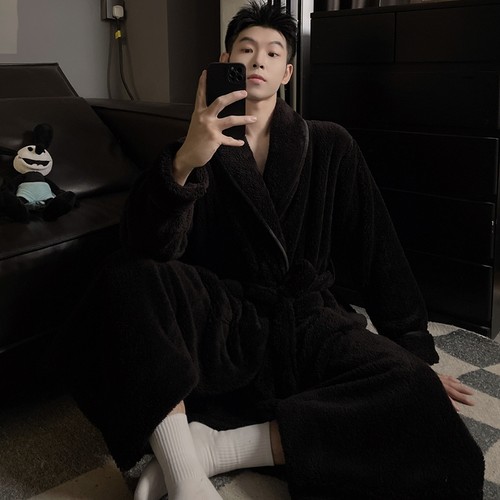 男士长款睡袍秋冬珊瑚绒系带睡衣浴袍大码300斤宽松加厚女家居服
