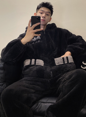 加肥加大码300斤男士睡衣秋冬珊瑚绒加厚保暖连帽拉链家居服套装