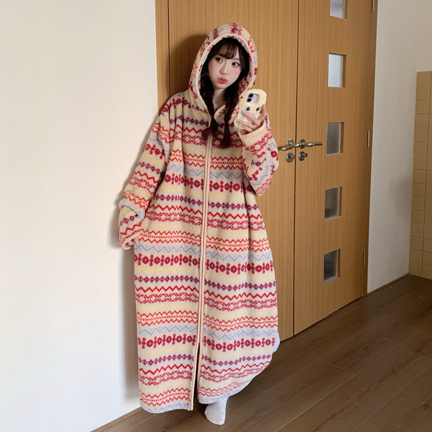 连帽拉链睡袍女秋冬长款脚裸法兰绒特大宽松版加肥300斤女胖m睡衣