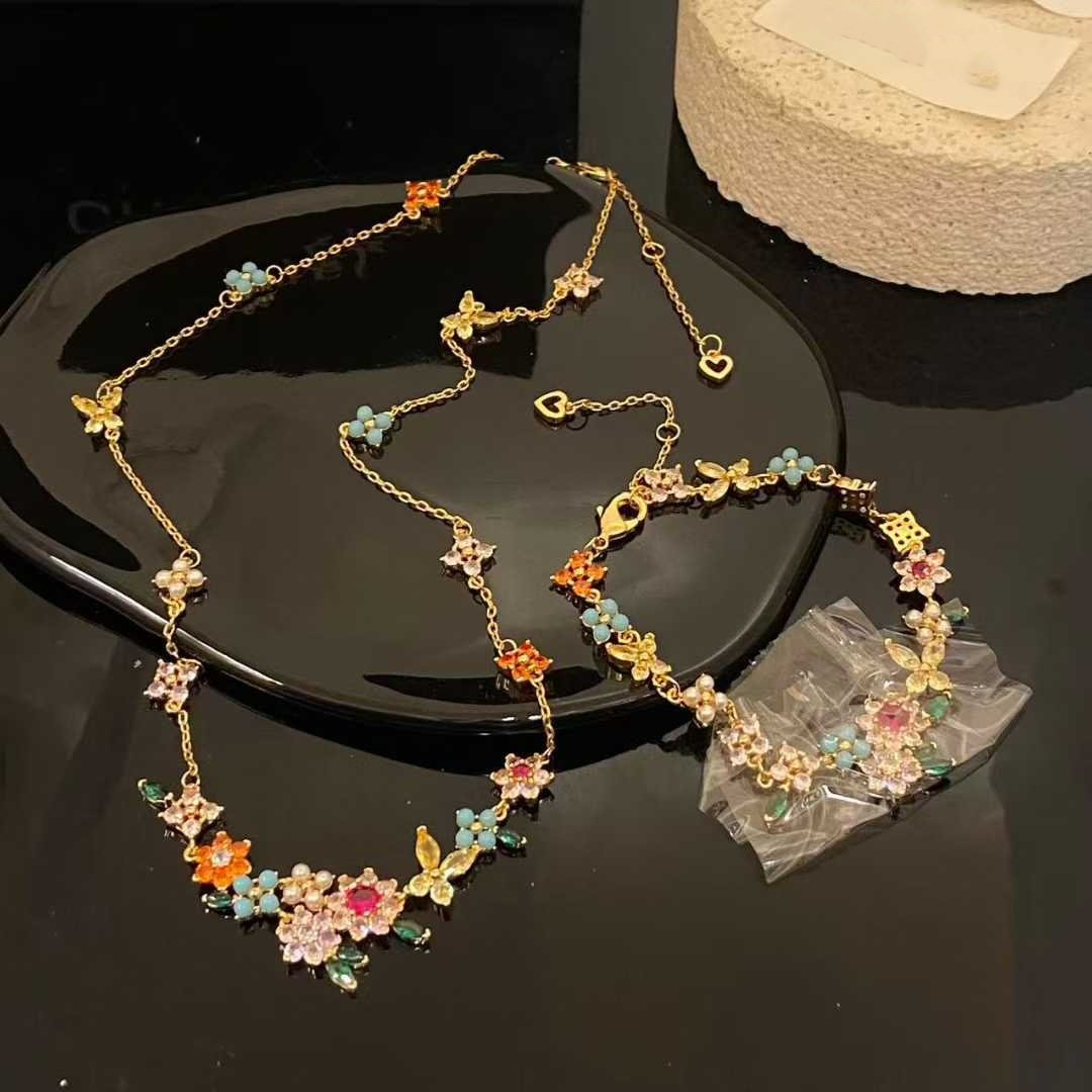 设计师款彩色花朵项链手链套装女高级感合金链条彩色宝石,饰品/流行首饰/时尚饰品新,项链,淘宝优惠券,粉丝福利购,淘宝优惠卷
