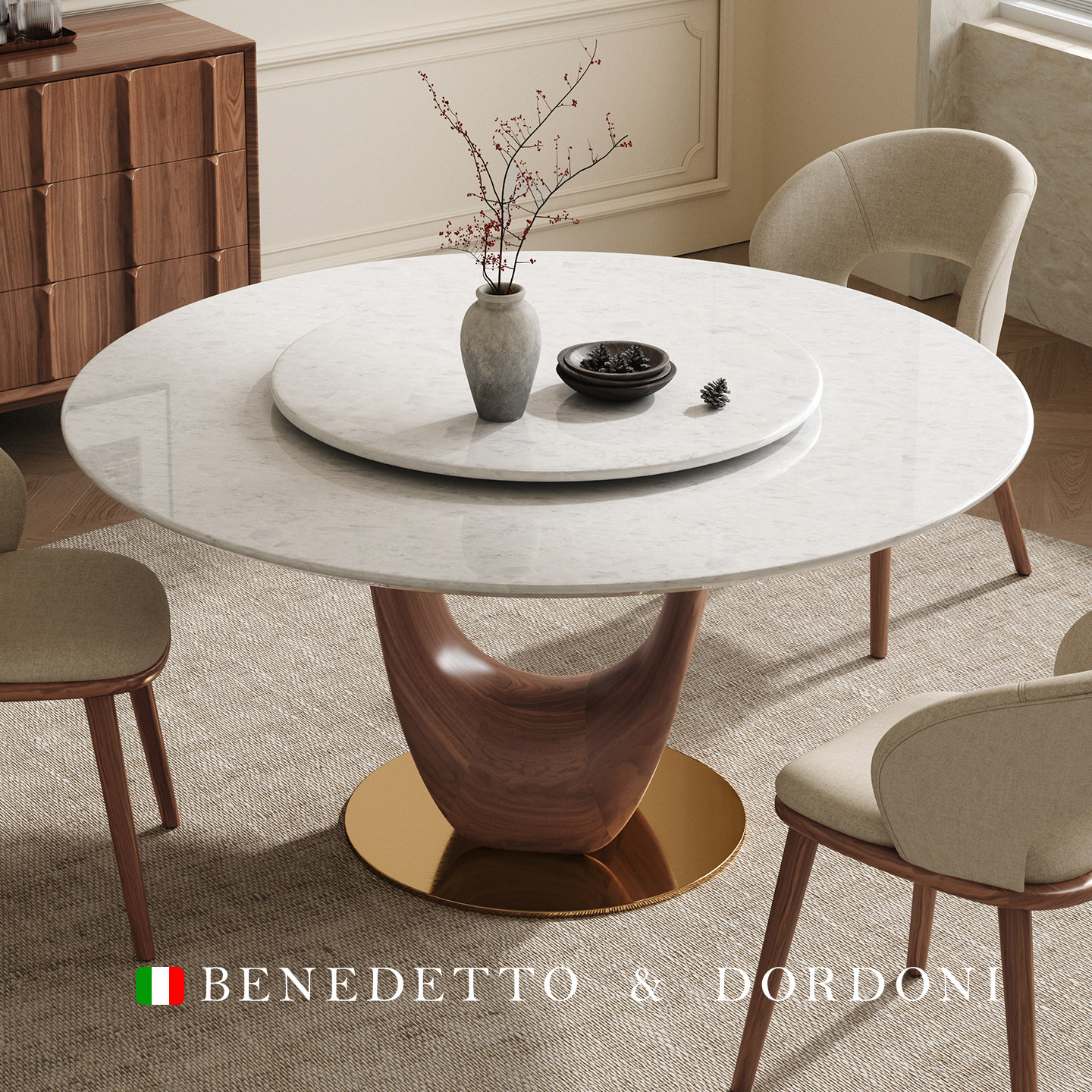 意式极简进口纯天然大理石餐桌高端设计师款胡桃色奢石圆桌带转盘,住宅家具,大理石餐桌,淘宝优惠券,粉丝福利购,淘宝优惠卷