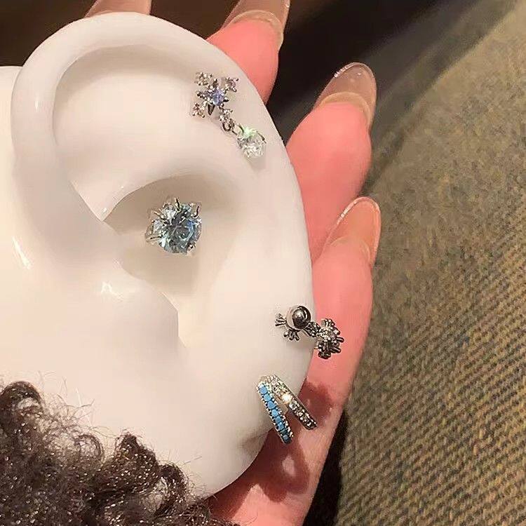 蓝色十字架雪花吊坠耳骨钉钛钢耳蜗钉叠戴U型双层耳环女耳饰批发
