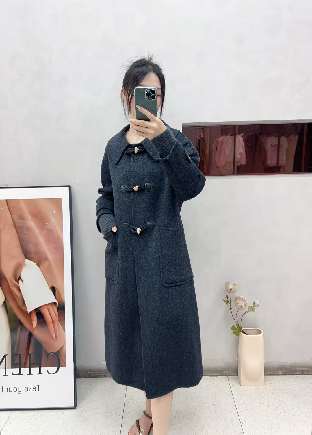 2025秋冬新款双面羊绒大衣女中长款牛角扣羊毛呢子外套