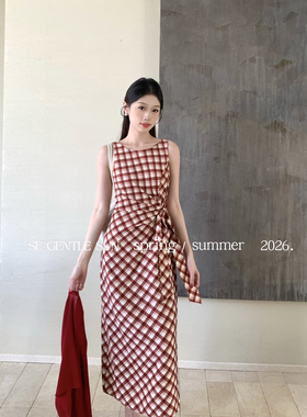 SE GENTLE SUN-温柔气质法式复古一字肩收腰包臀格子连衣裙88526