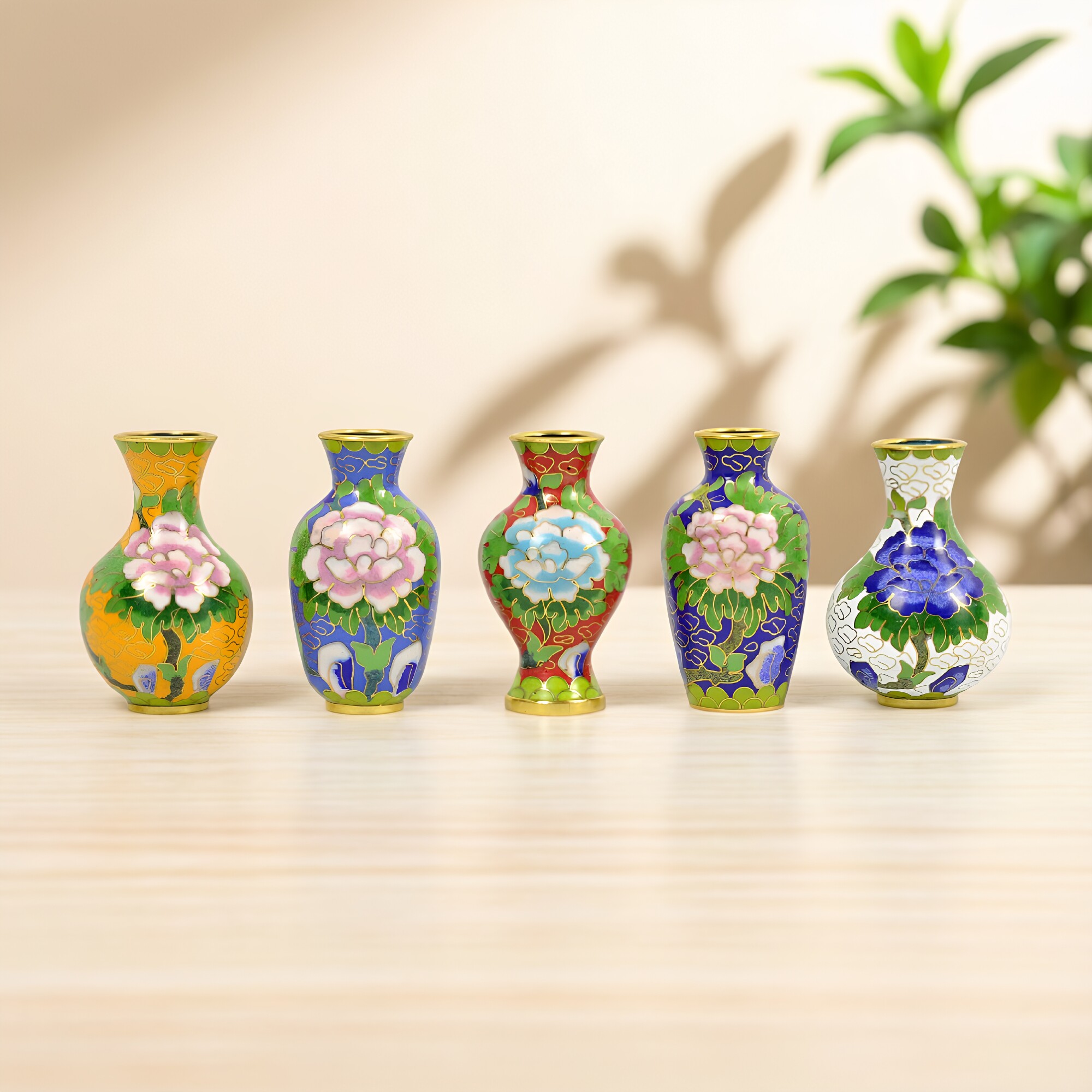 景泰蓝花卉纹三寸小花瓶摆件5件套中式复古工艺品装饰品文玩收藏