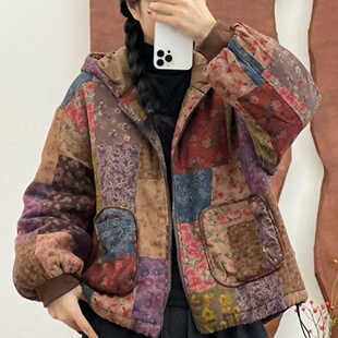 民族风印花夹棉外套 2025新款复古文艺加厚棉袄连帽宽松棉衣棉服