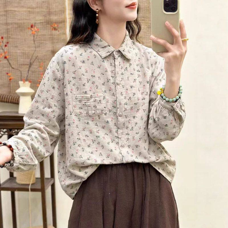 2026春季 韩版宽松文艺复古风小口袋碎花翻领衬衫百搭衬衣女
