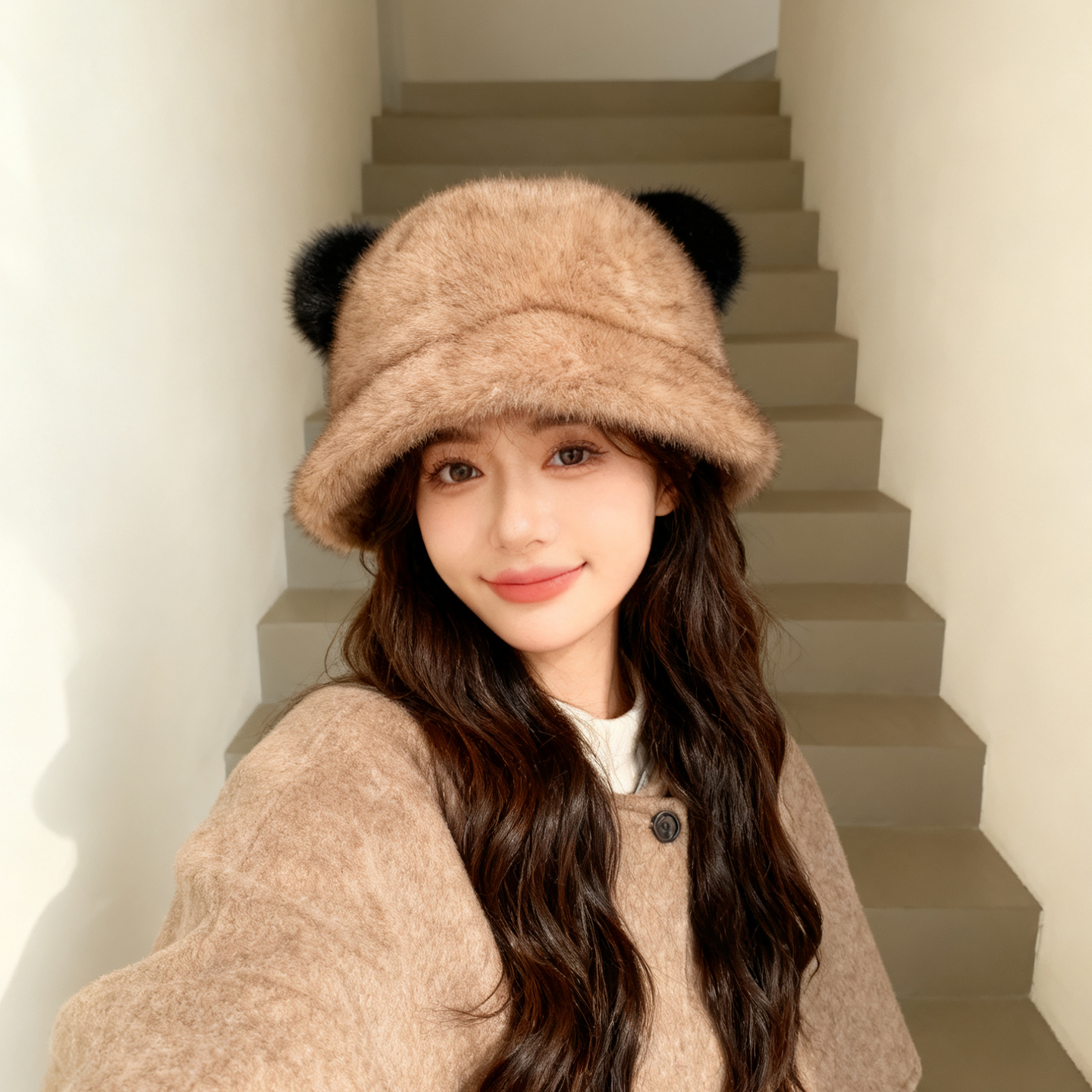 新款小熊耳朵渔夫帽女冬季加厚保暖可爱仿水貂毛毛绒帽子百搭盆帽
