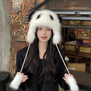可爱小熊猫帽子冬季仿狐狸毛保暧防风护耳帽亲子款包头帽雷锋帽女