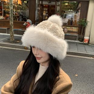 2024年冬季 仿狐狸毛帽子女毛绒渔夫帽显脸小高级感保暖护耳帽毛毛