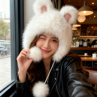 可爱小兔耳朵毛绒帽女冬季仿狐狸毛套头帽加绒保暖防寒护耳帽子