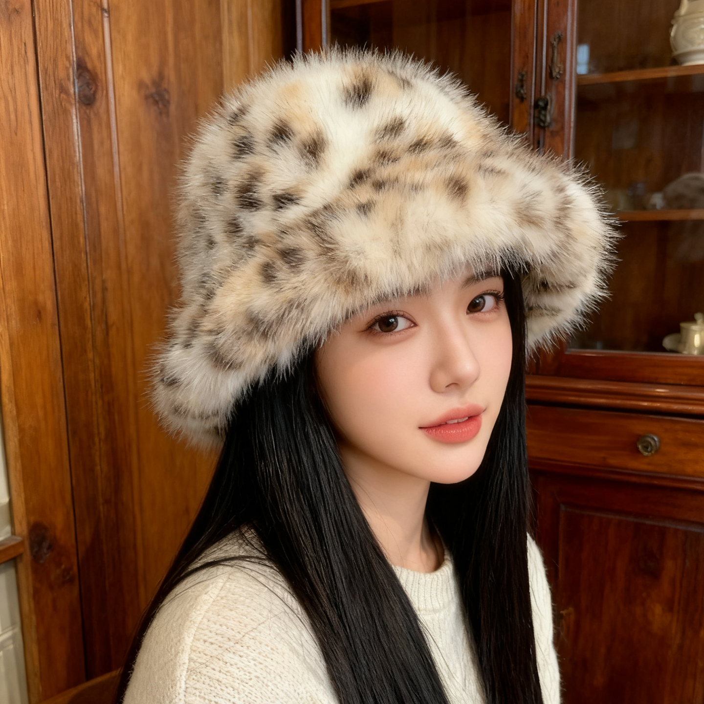 豹纹毛绒帽子女冬季2025新款