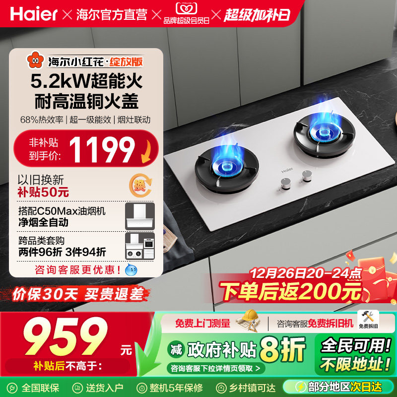 以旧换新补贴 海尔小红花燃气灶天然气煤气灶家用双猛火灶台Q2BE