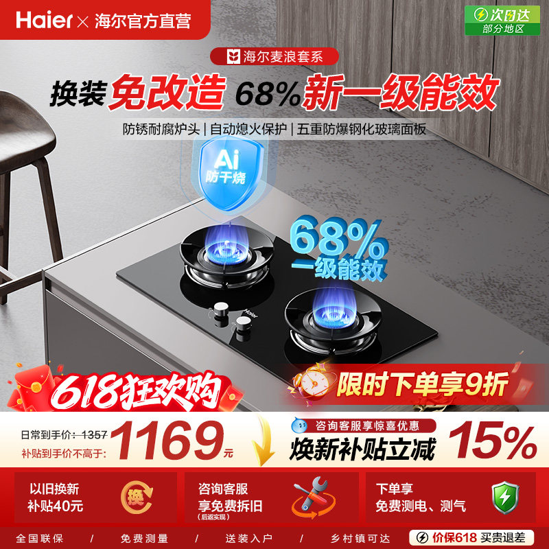 海尔麦浪QGBE2天然气液化气煤气灶家用厨房防干烧双灶猛火燃气灶