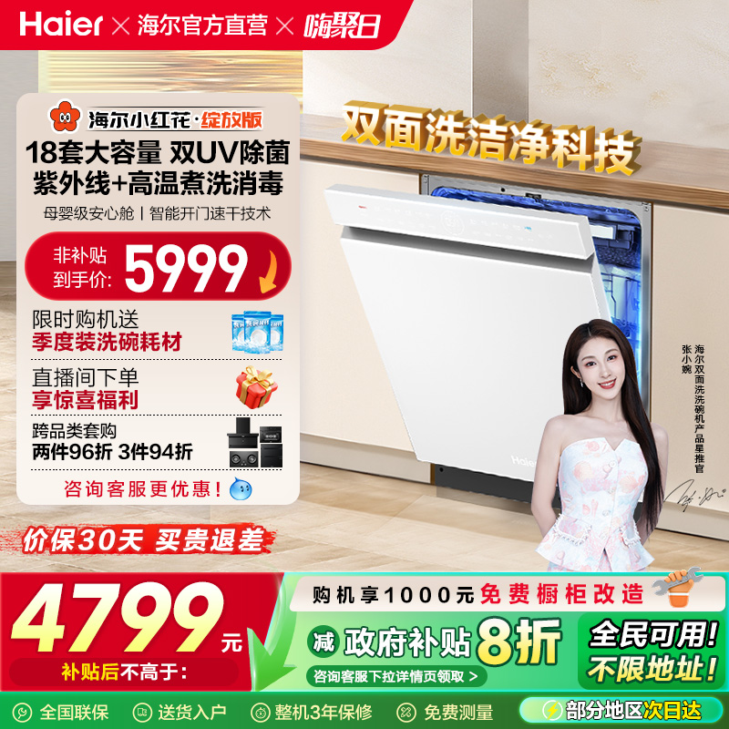 [水精灵]海尔小红花W5000Plus双面洗18套嵌入式洗碗机家用