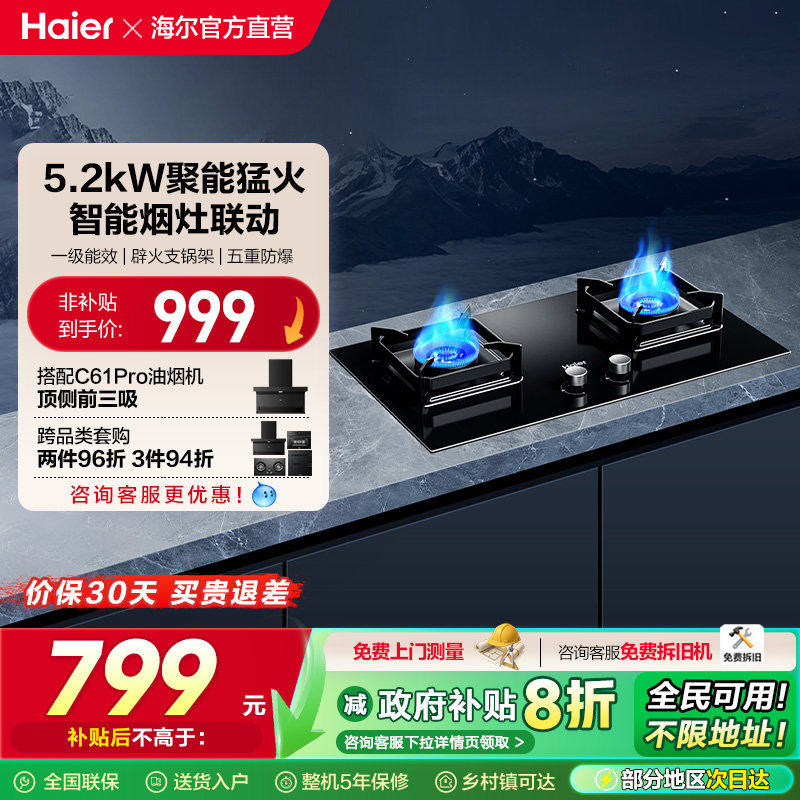 海尔燃气灶煤气灶家用双灶天然气灶台厨房家用烟灶联动灶具Q2BE58