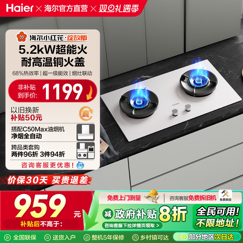 以旧换新补贴 海尔小红花燃气灶天然气煤气灶家用双猛火灶台Q2BEC