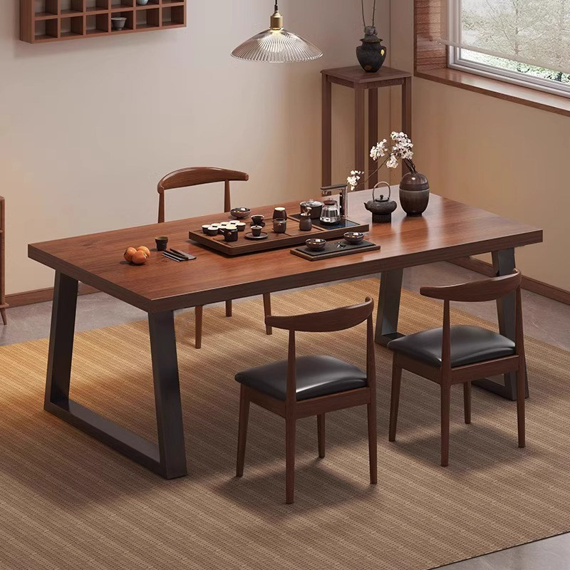 现代简约大板茶桌椅组 密度板质感长方茶桌 胡桃木色家用一桌五椅